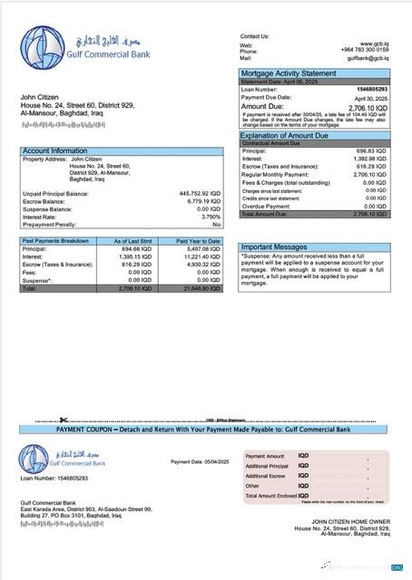 Download Iraq Gulf Commercial Bank mortgage statement Word and PDF template Photoshop template